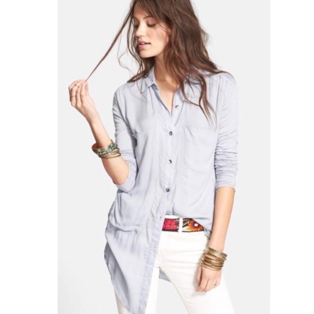 Free People blue breakfast in bed button down top